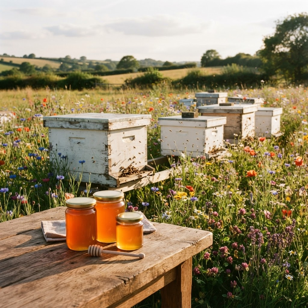 White beehive boxes in a wildflower meadow with jars of honey