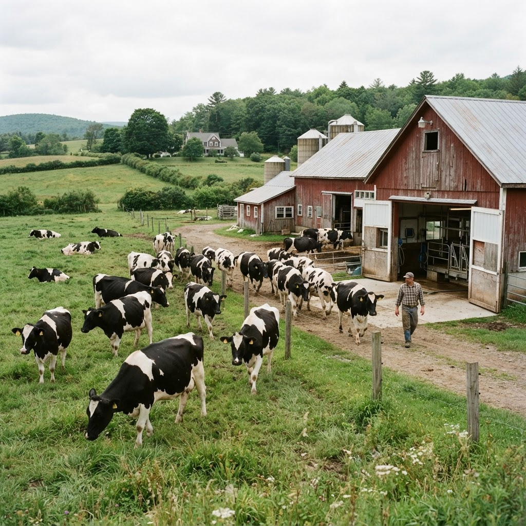 Small family dairy farm with black and white cows near a barn