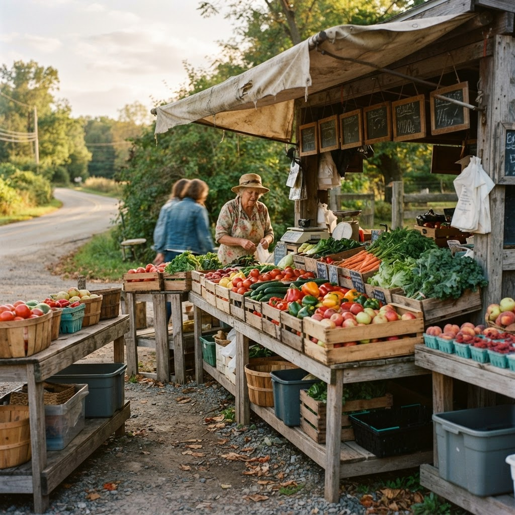 Rustic roadside farm stand with crates of vegetables and fruit