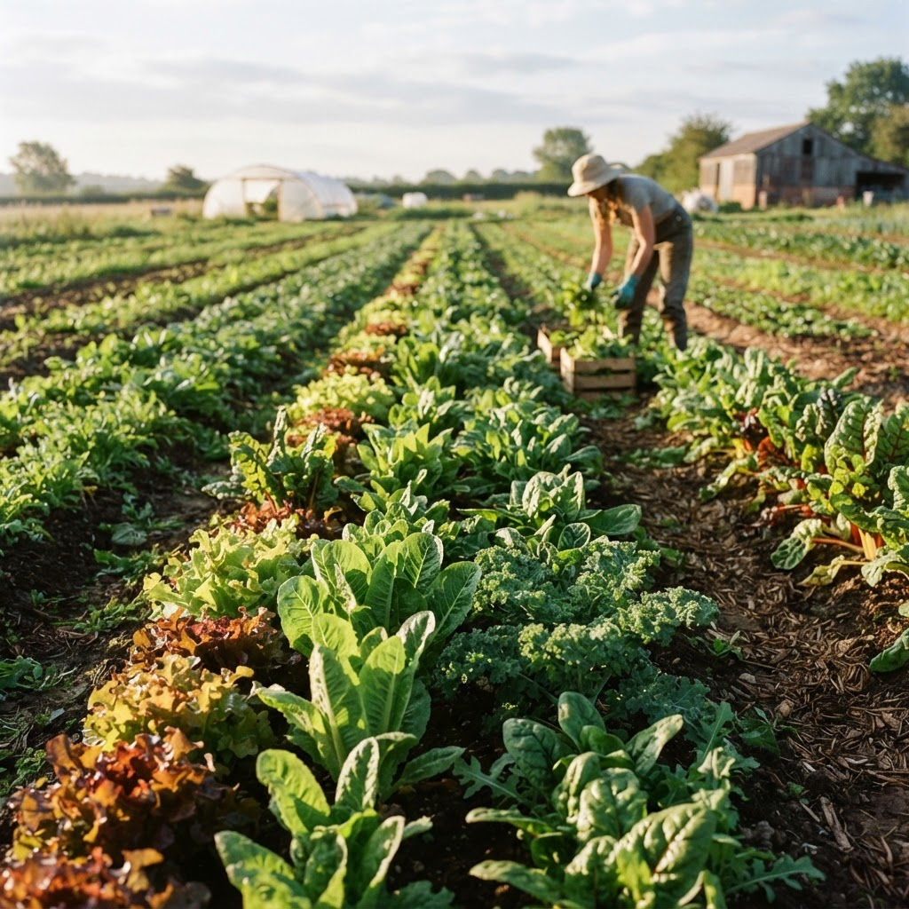 Rows of leafy vegetables on an organic market farm