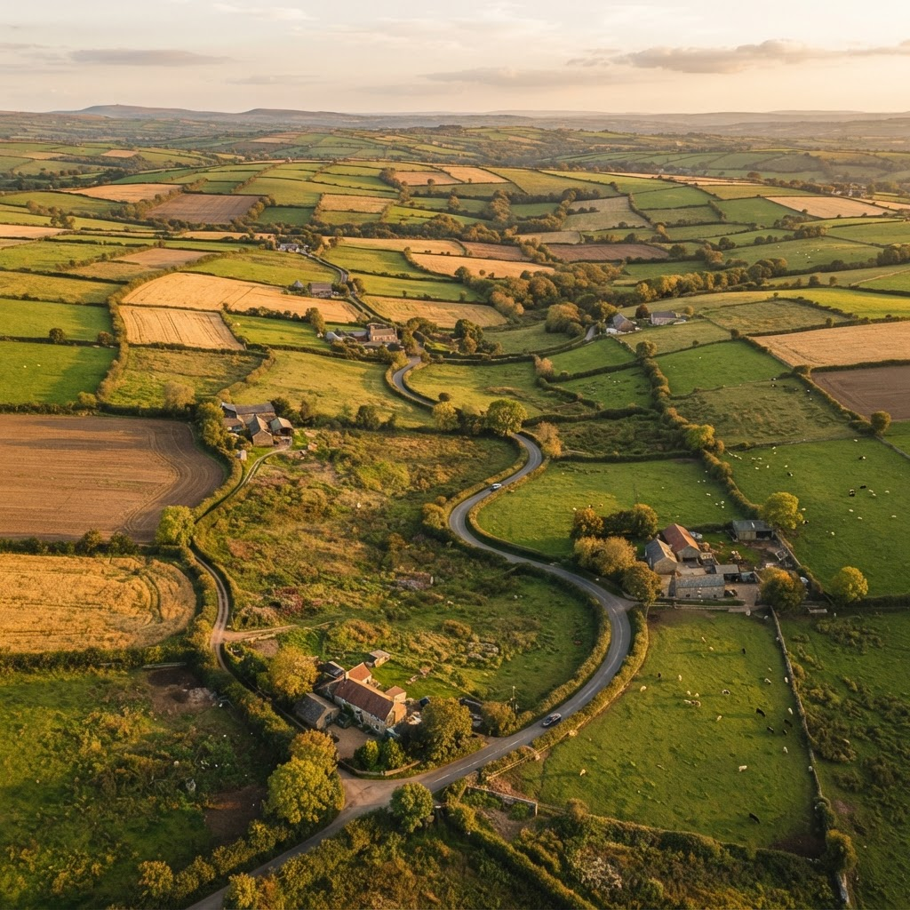 Aerial view of a patchwork of small local farm fields